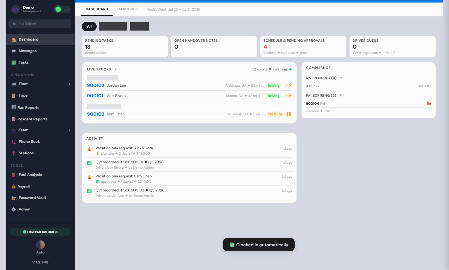 Command Center dashboard showing pending tasks, live trucks, compliance status, and activity log